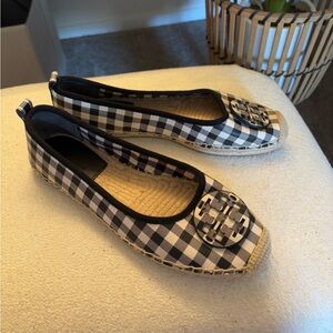SOLD ❌ NWOT: Gingham Tory Burch Minnie Espadrilles/Flats, woven + real leather